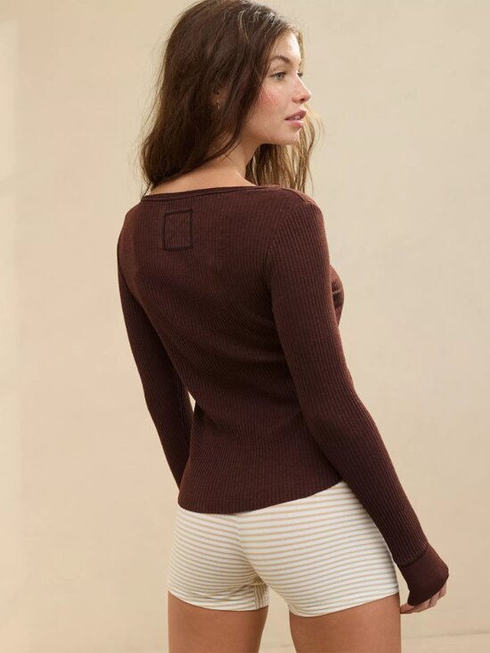 Aerie Women’s Ribbed Henley Layering T-Shirt Canyon Sun Brown Extra Large XL - Picture 3 of 16